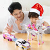 A boy and man play with a white transforming dinosaur car toy on a wooden table.
