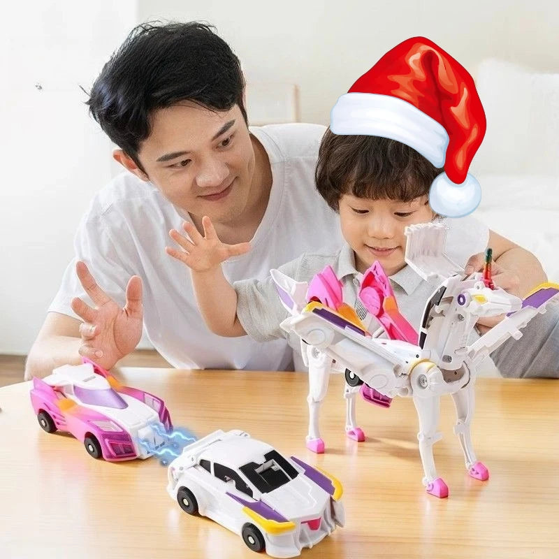 A boy and man play with a white transforming dinosaur car toy on a wooden table.