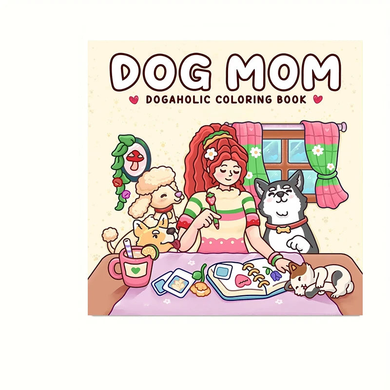 A colorful illustration of a woman with red hair surrounded by various dogs, suitable for a dogaholic coloring book.