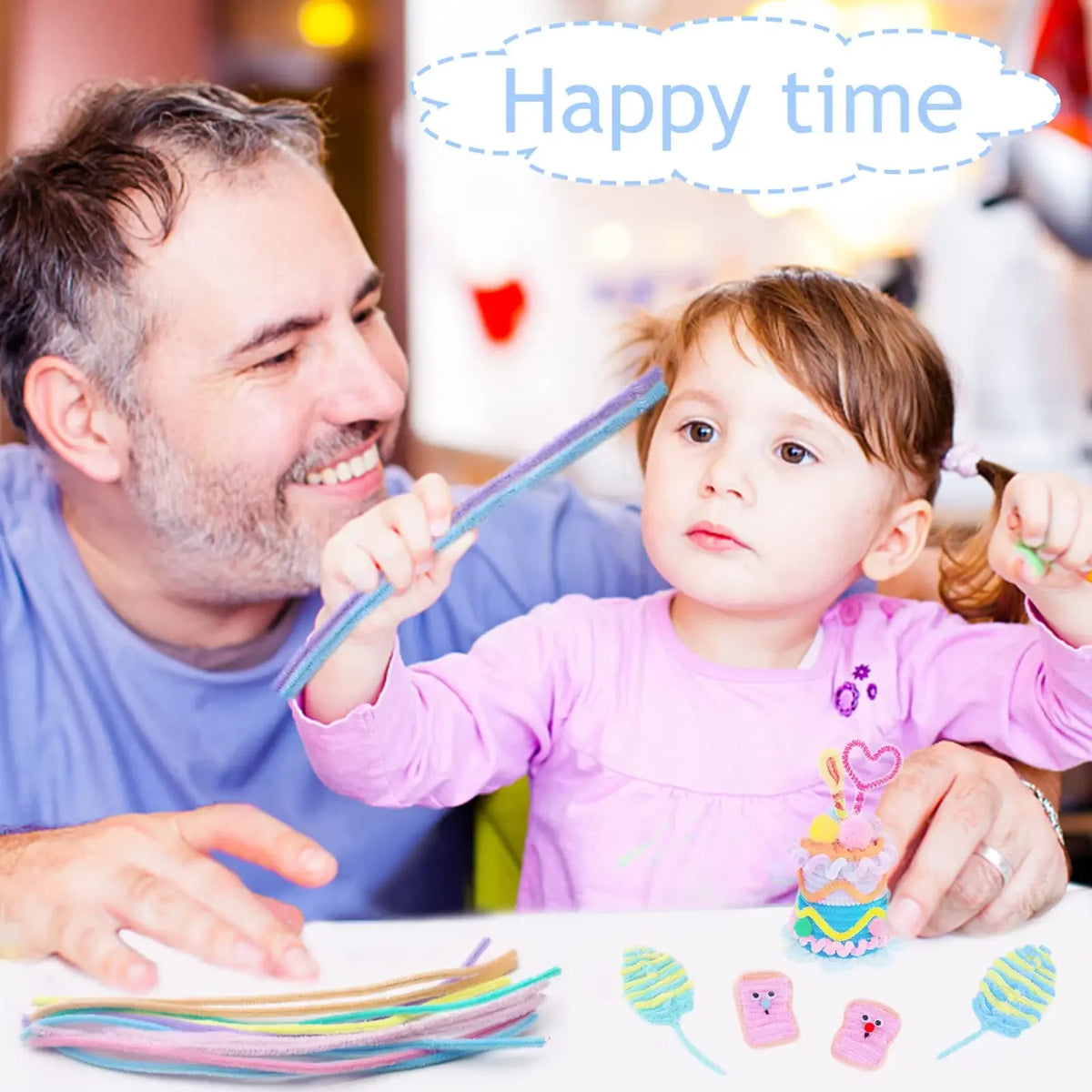 A smiling man and a young child are crafting with colorful chenille stem sticks on a white table.