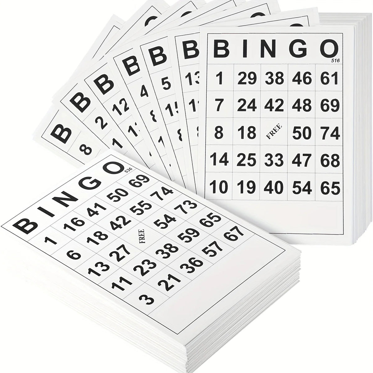 A stack of disposable bingo paper sheets showing various bingo cards and blank sheets.