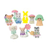 A collection of Sylvanian Families blind bag collectible figures featuring various animals and characters.