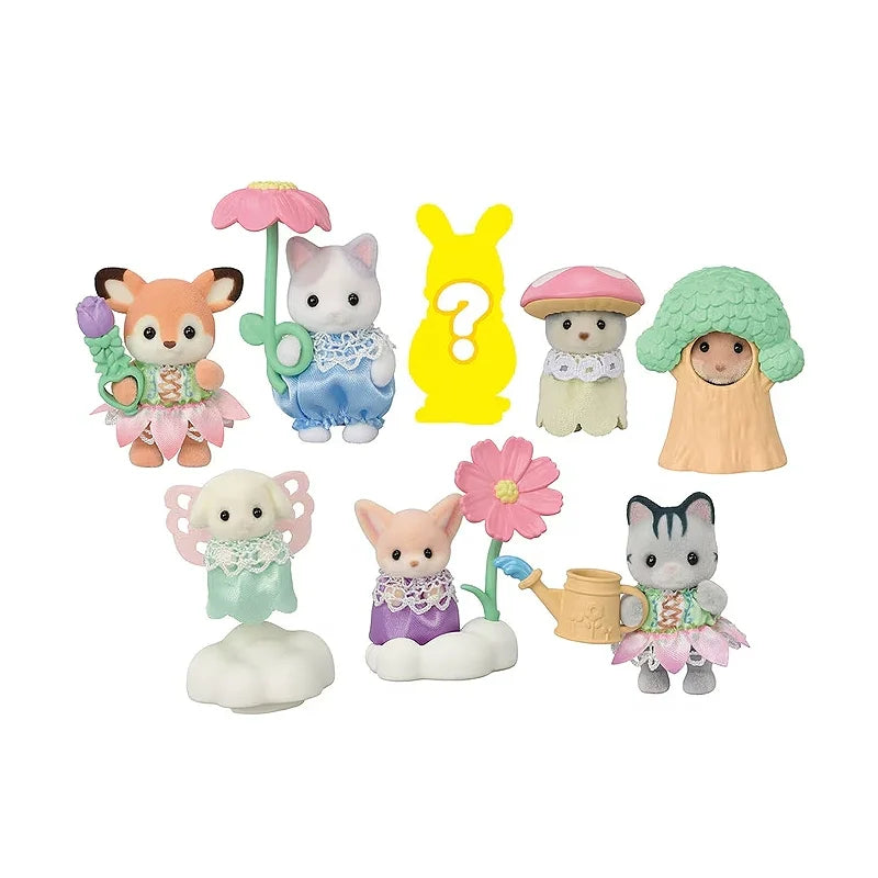 A collection of Sylvanian Families blind bag collectible figures featuring various animals and characters.