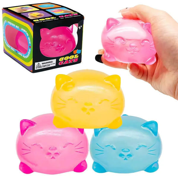 A set of pink, yellow, and blue silicone mini cat toys for decompression and stress relief.