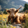 A close-up portrait of a brown Scottish Highland cow with horns in a grassy field.