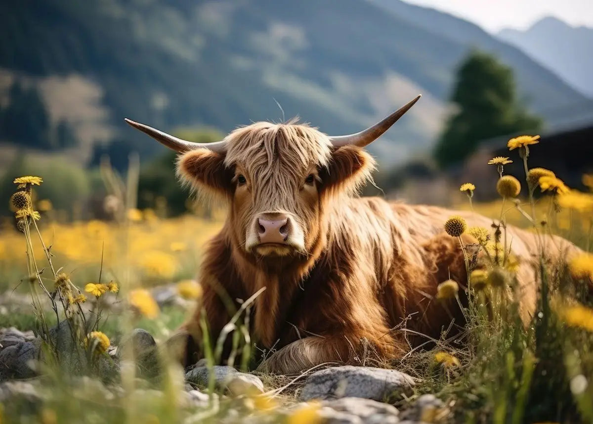 A close-up portrait of a brown Scottish Highland cow with horns in a grassy field.