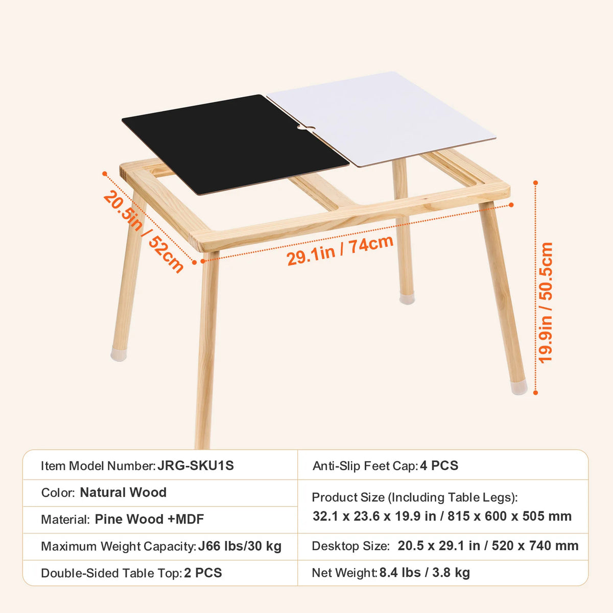 A wooden sensory activity table for kids with a black and white double-sided top and foldable bins.