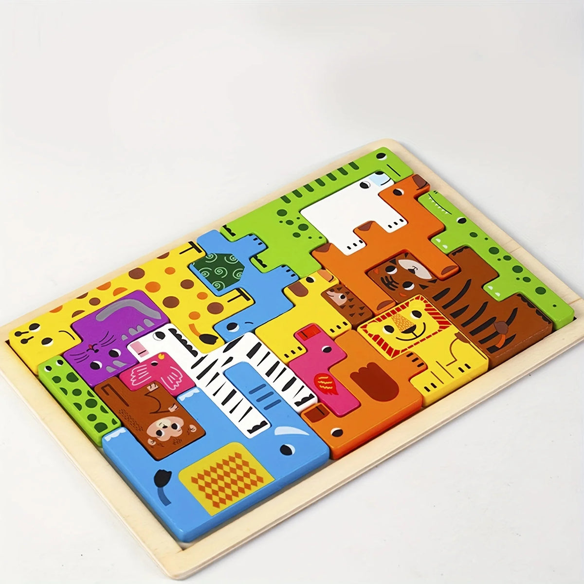 A wooden tangram puzzle set featuring various animal, vehicle, and sea life shapes arranged on a light wooden board.