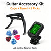 Guitar accessory kit including a black capo, clip-on tuner, and five guitar picks.