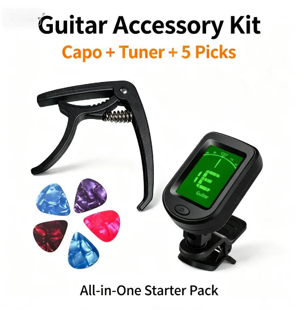 Guitar accessory kit including a black capo, clip-on tuner, and five guitar picks.