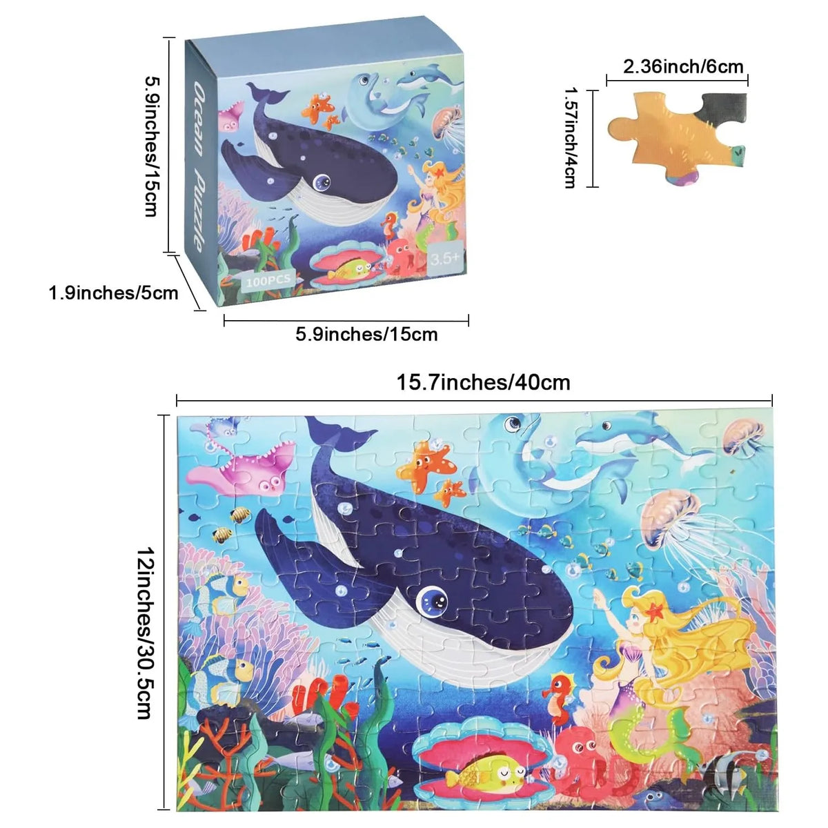 A colorful 100-piece jigsaw puzzle featuring marine animals and dinosaurs.