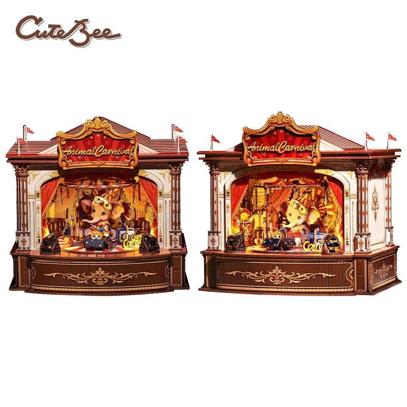 A wooden book nook kit featuring an elaborate carnival display with LED lighting.