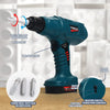 A teal cordless drill tool is shown with various replacement drill bits and a loose screw, demonstrating its reversible desig