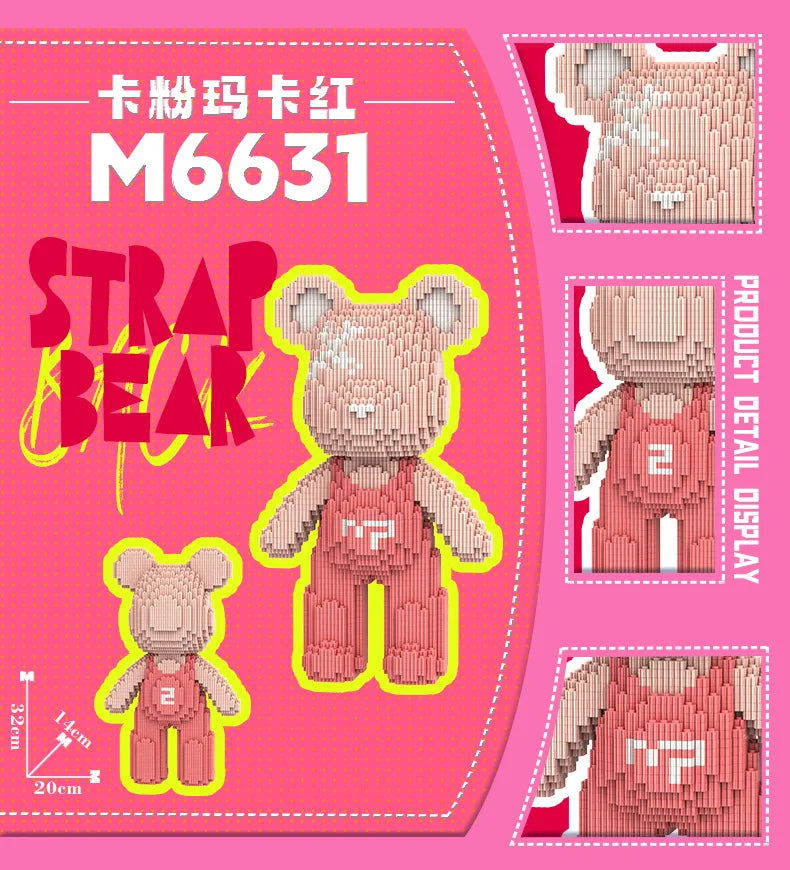 A pink and beige micro building block set shaped like a bear, featuring a red and pink color scheme.