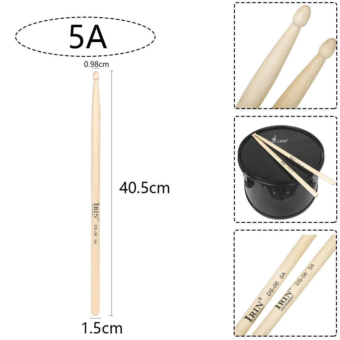 Image showing maple drumsticks labeled 5A, with dimensions and examples of the sticks.