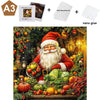 A wooden jigsaw puzzle depicting a festive scene with a Santa figure surrounded by Christmas greenery and fruit.
