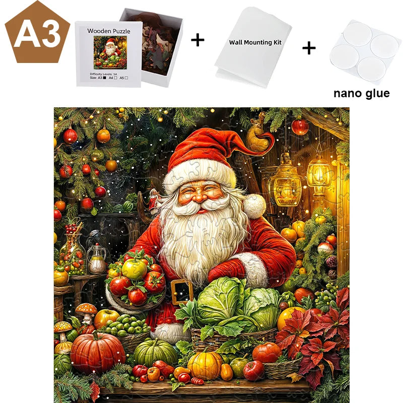 A wooden jigsaw puzzle depicting a festive scene with a Santa figure surrounded by Christmas greenery and fruit.