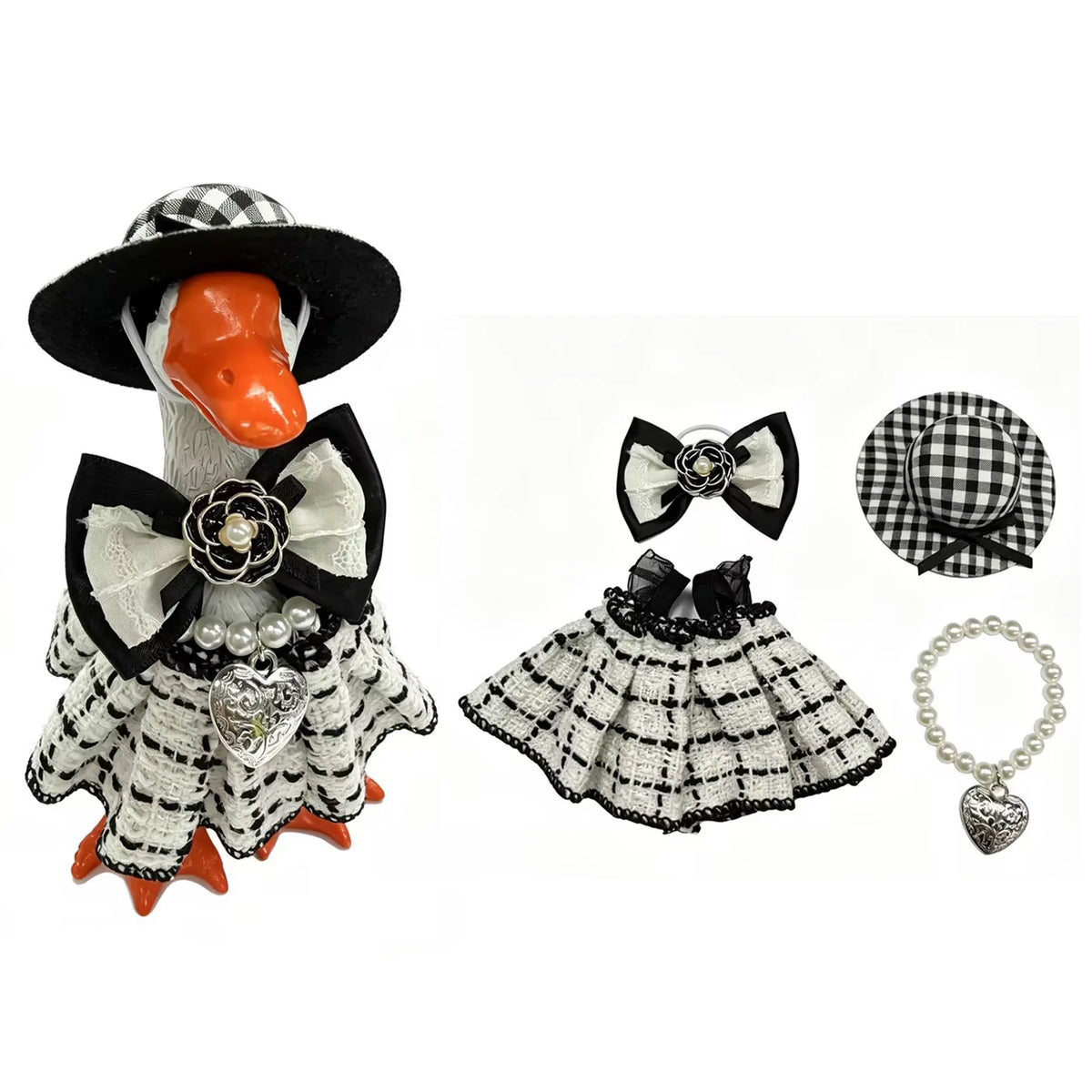 A set of princess plaid dress and accessories for 7-inch mini goose statues featuring black and white checkered fabric and de