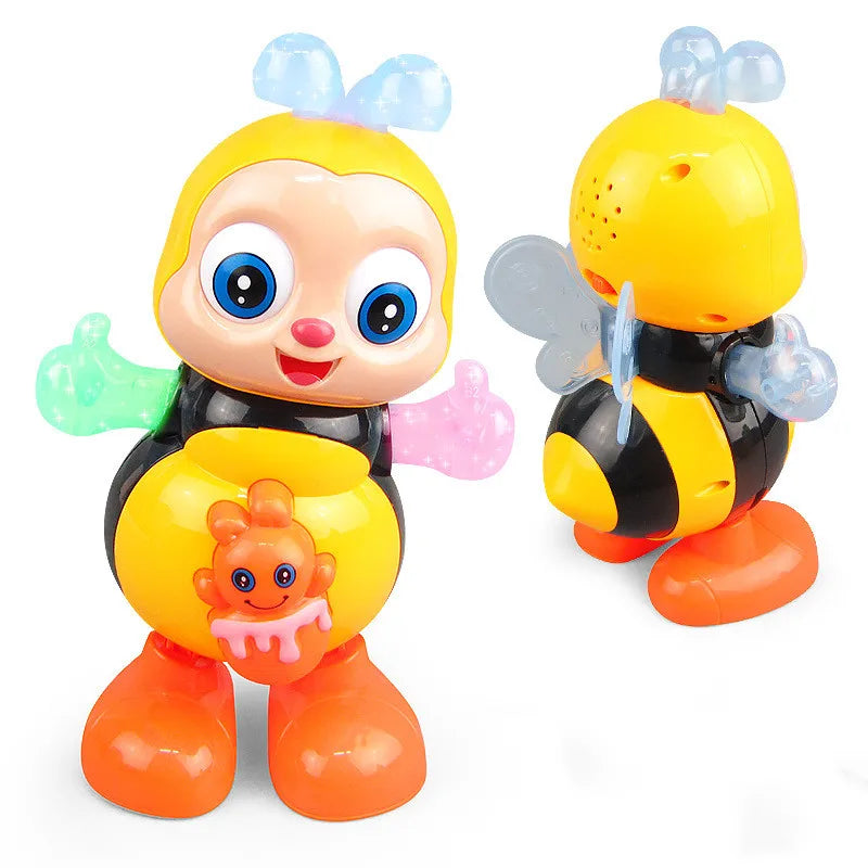 Juguete musical de abeja bailarina interactivo amarillo y negro con detalles azules.