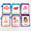 Six colorful flash cards featuring French and English vocabulary related to fish, pastry, food, nose, and emotions.