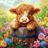 A fluffy orange calf is peering out of a wooden barrel surrounded by colorful wildflowers.
