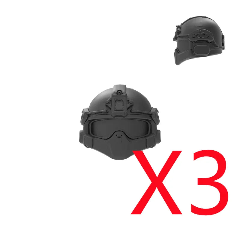 A black military building block set featuring a gun and helmet accessories.