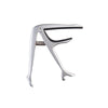 Silver zinc alloy guitar capo with a black clamp and spring mechanism