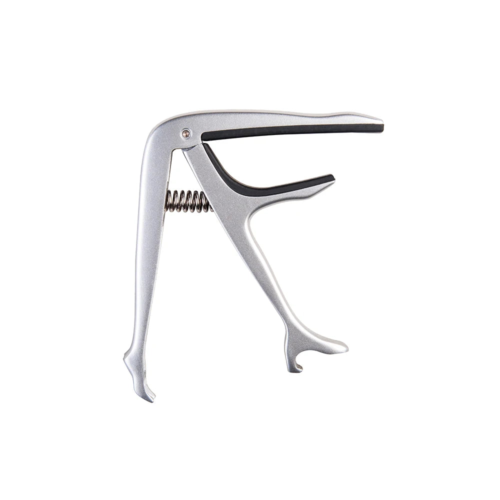 Silver zinc alloy guitar capo with a black clamp and spring mechanism