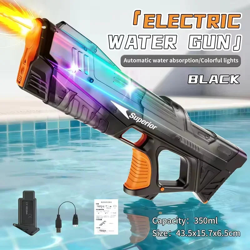 Black electric water gun with colorful lights and an orange grip, shown in a pool setting.
