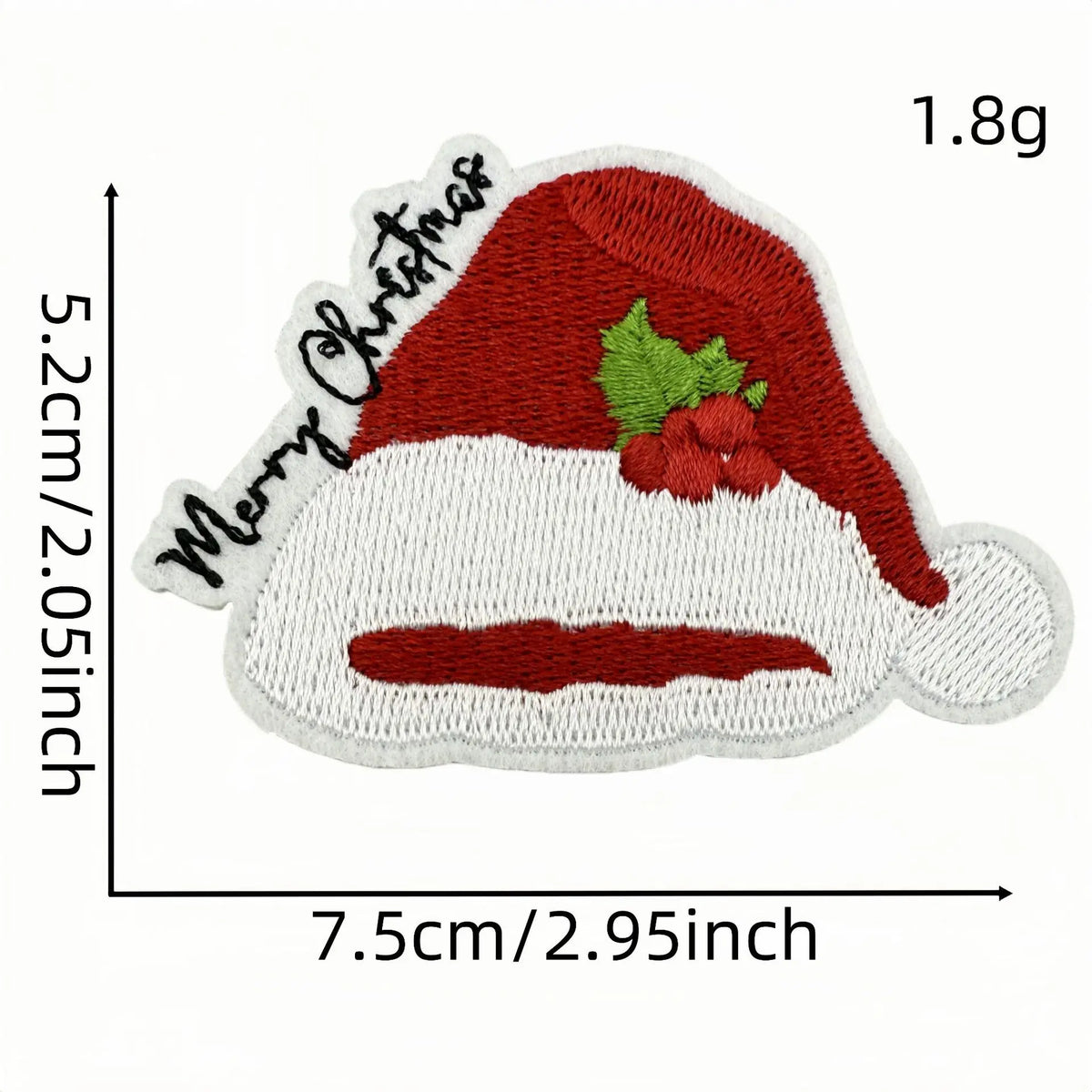A red Santa hat patch with green holly and white trim, measuring 1.8g.