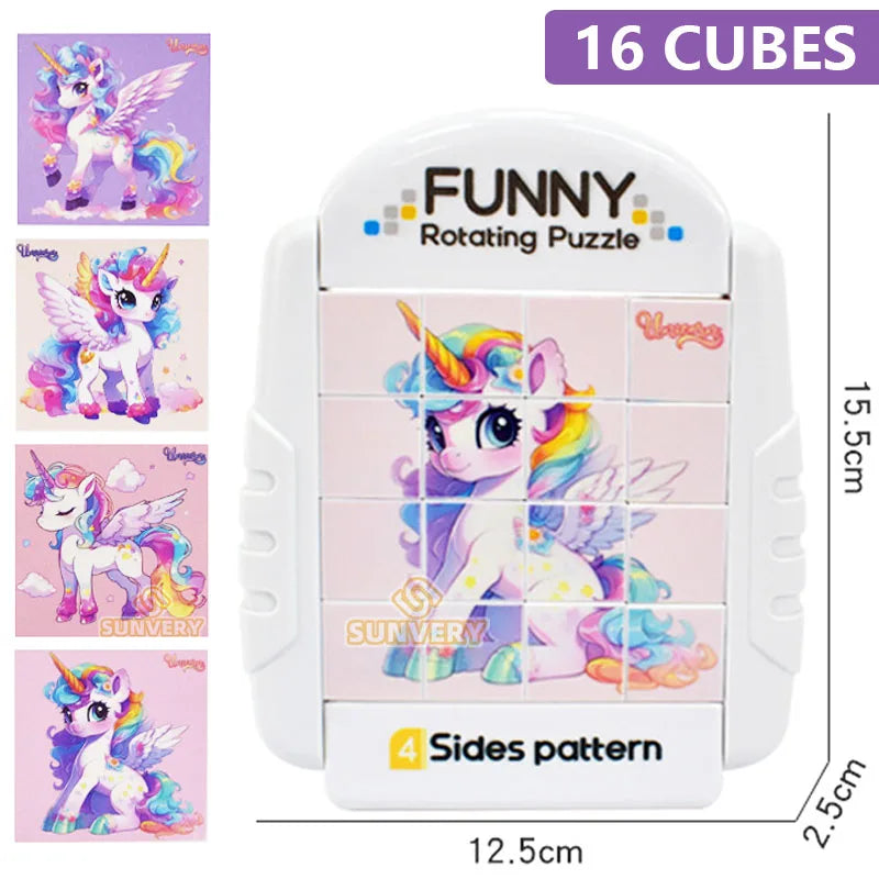 A white rotating puzzle featuring a unicorn design, with 16 cubes and a four-sides pattern.