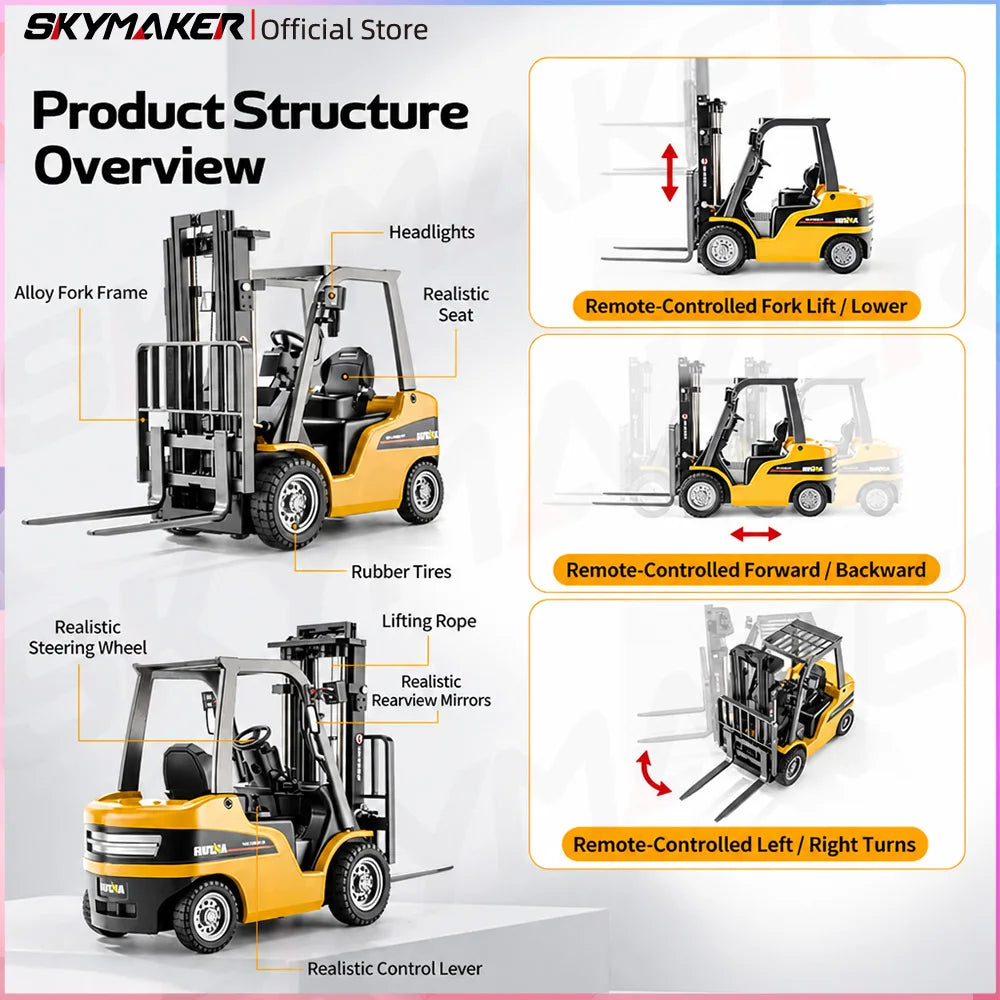 Overview of an Alloy RC Forklift Truck showing various remote-controlled features like lift, steering, and turning.