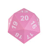A pink D20 polyhedral dice showing the number 20 on one face.