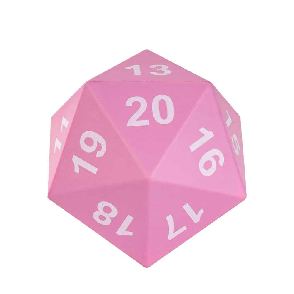 A pink D20 polyhedral dice showing the number 20 on one face.