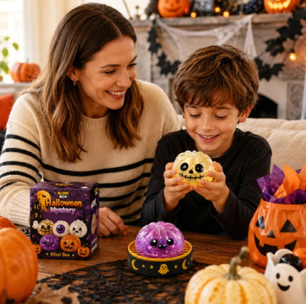 A woman and a boy are looking at a Halloween themed squishy stress relief toy on a wooden table.