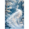 A white peacock with a flowing tail is depicted in a diamond painting style against a snowy, blue background.