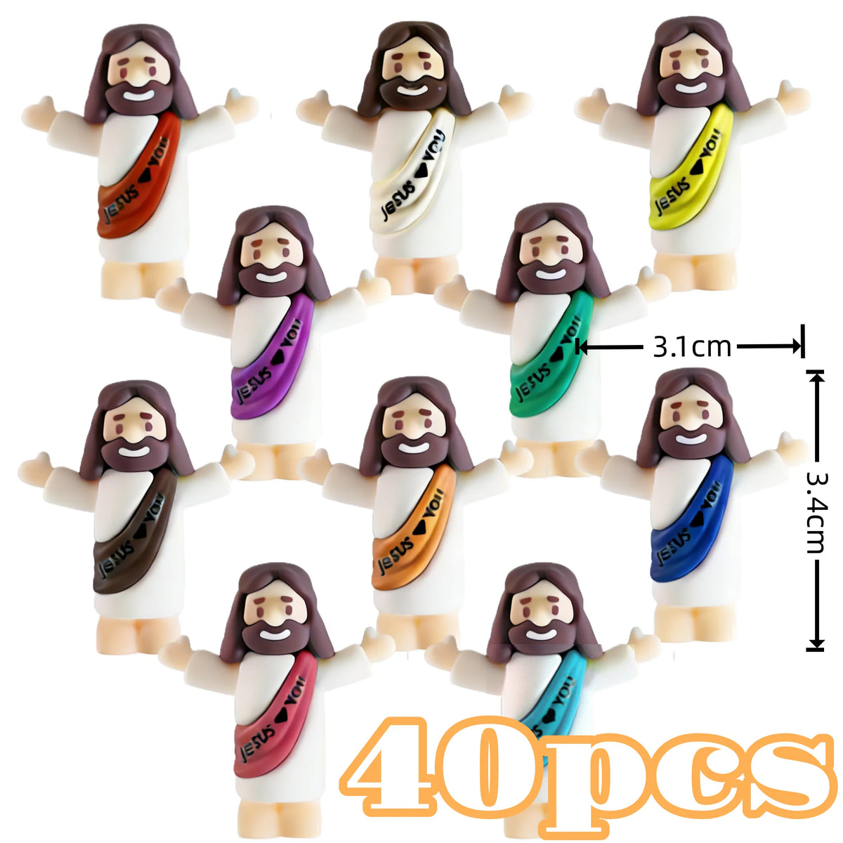 A set of 40 mini religious statues depicting Jesus with outstretched arms and a halo for festive decoration