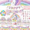 A set of unicorn party supplies including decorations, cake, and various colorful items for a birthday celebration.