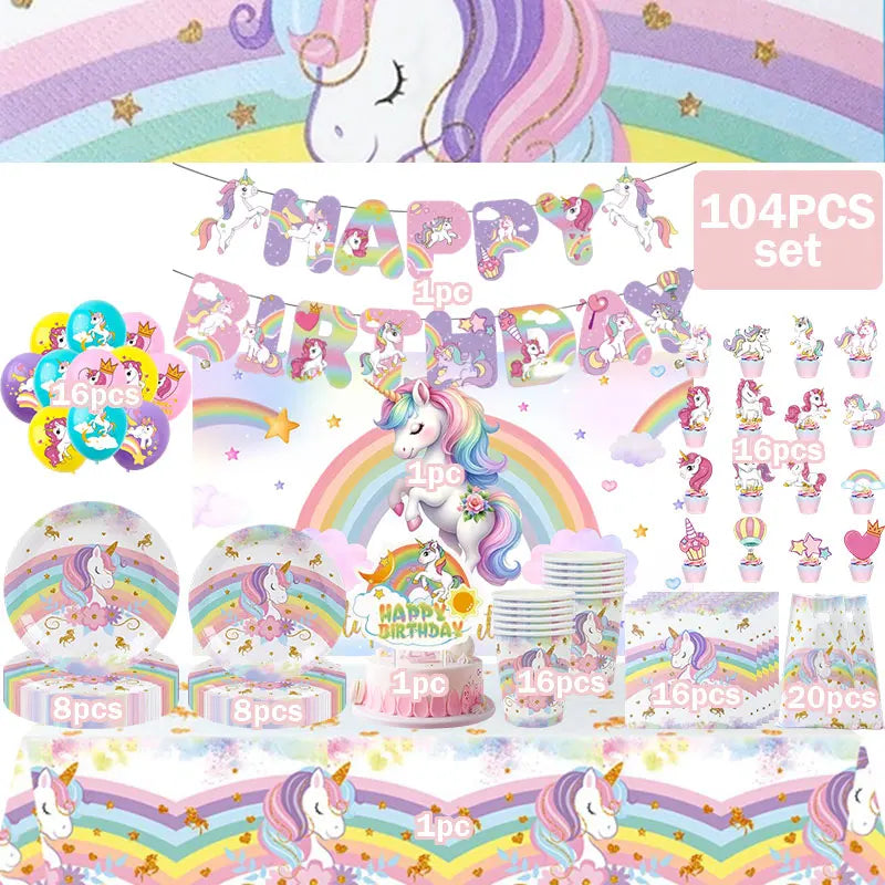 A set of unicorn party supplies including decorations, cake, and various colorful items for a birthday celebration.