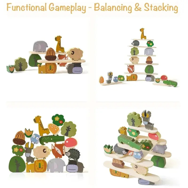 Wooden animal stacking blocks used for balancing and stacking gameplay.