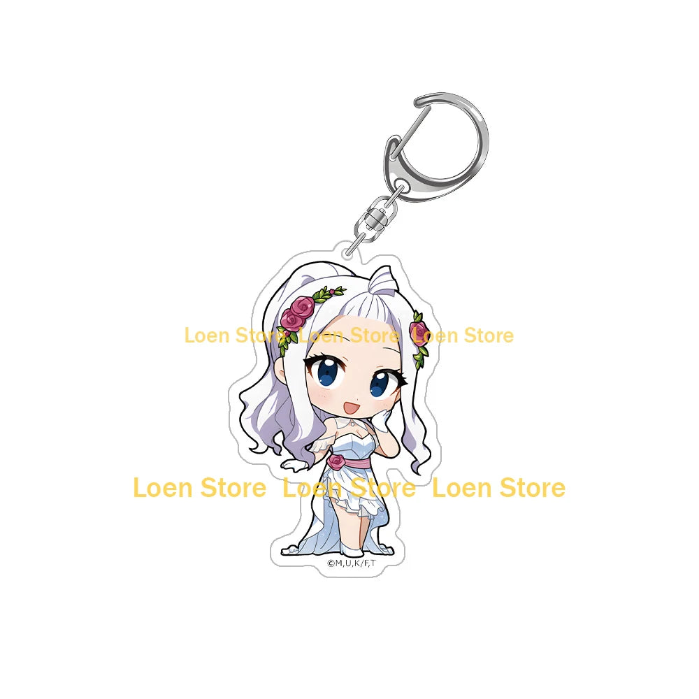 Chibi acrylic keychain of Loen from Fairy Tail with white hair and pink flowers