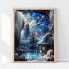 A framed painting depicting a fantastical, glowing blue landscape with waterfalls and mystical light.