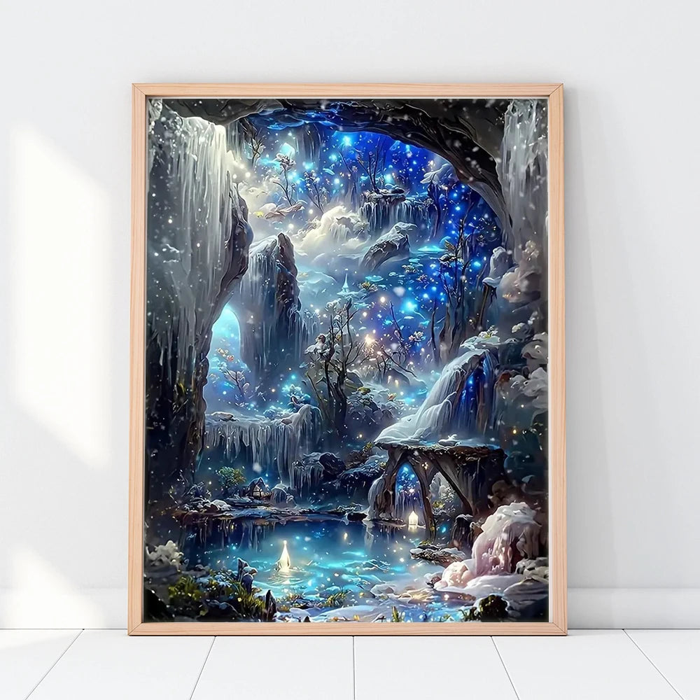 A framed painting depicting a fantastical, glowing blue landscape with waterfalls and mystical light.