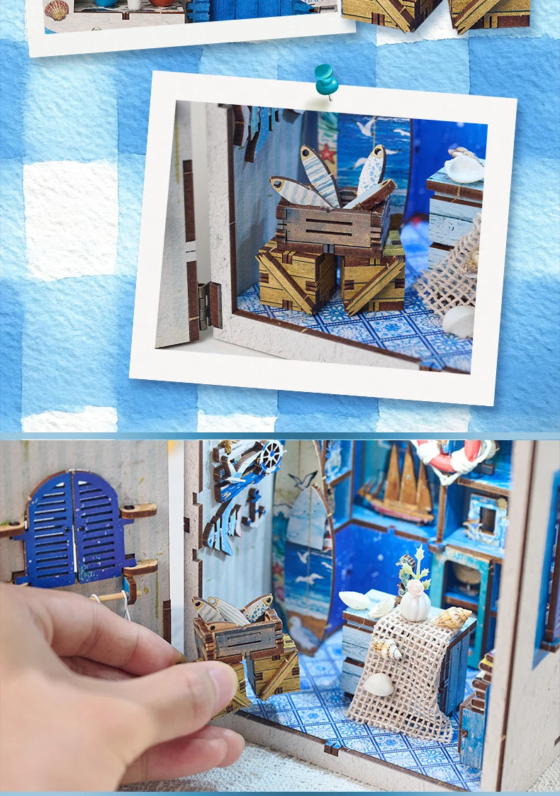 Beach Corner Book Nook Kit – Wooden Miniature Bookend with LED Light
