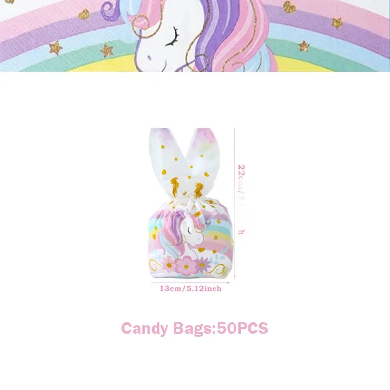 A set of 50 unicorn-themed candy bags with pastel colors and glitter accents.
