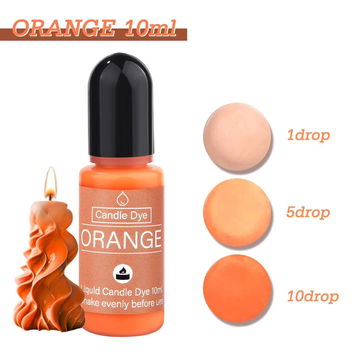 Orange 10ml candle dye bottle with dropper and colored drops demonstrating dosage
