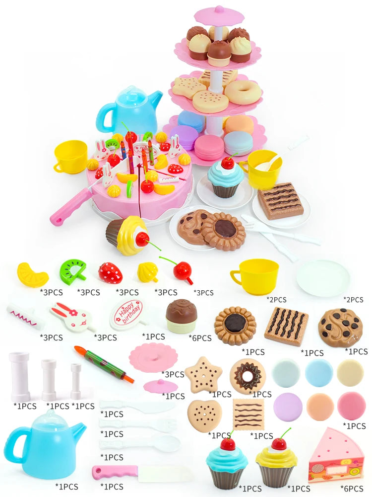 A colorful DIY pretend play birthday cake tea set for kids featuring various food items and accessories.