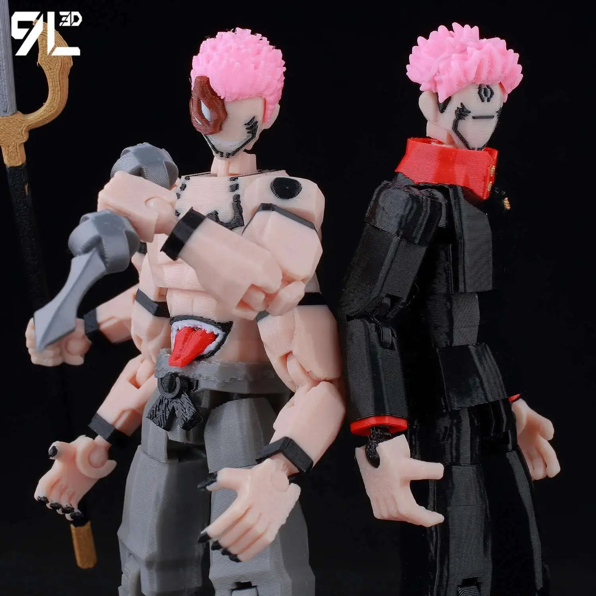 A fully articulated action figure of Jujutsu Kaisen Yuji Itadori, featuring pink hair and black clothing.
