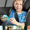 A smiling child is holding and playing with a blue rotating puzzle fidget toy in the seat of a car.
