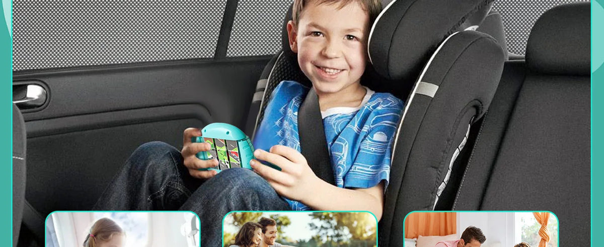 A smiling child is holding and playing with a blue rotating puzzle fidget toy in the seat of a car.